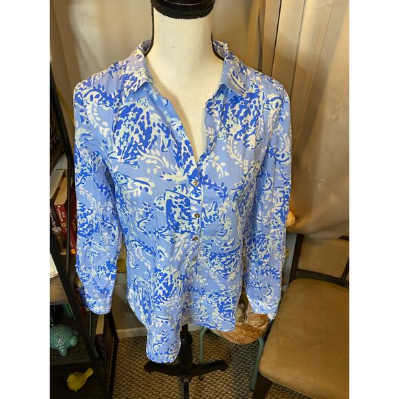 Lilly Pulitzer Blue White Print Turtle Cotton Tunic Blouse – Size Small EUC - Picture 2 of 12